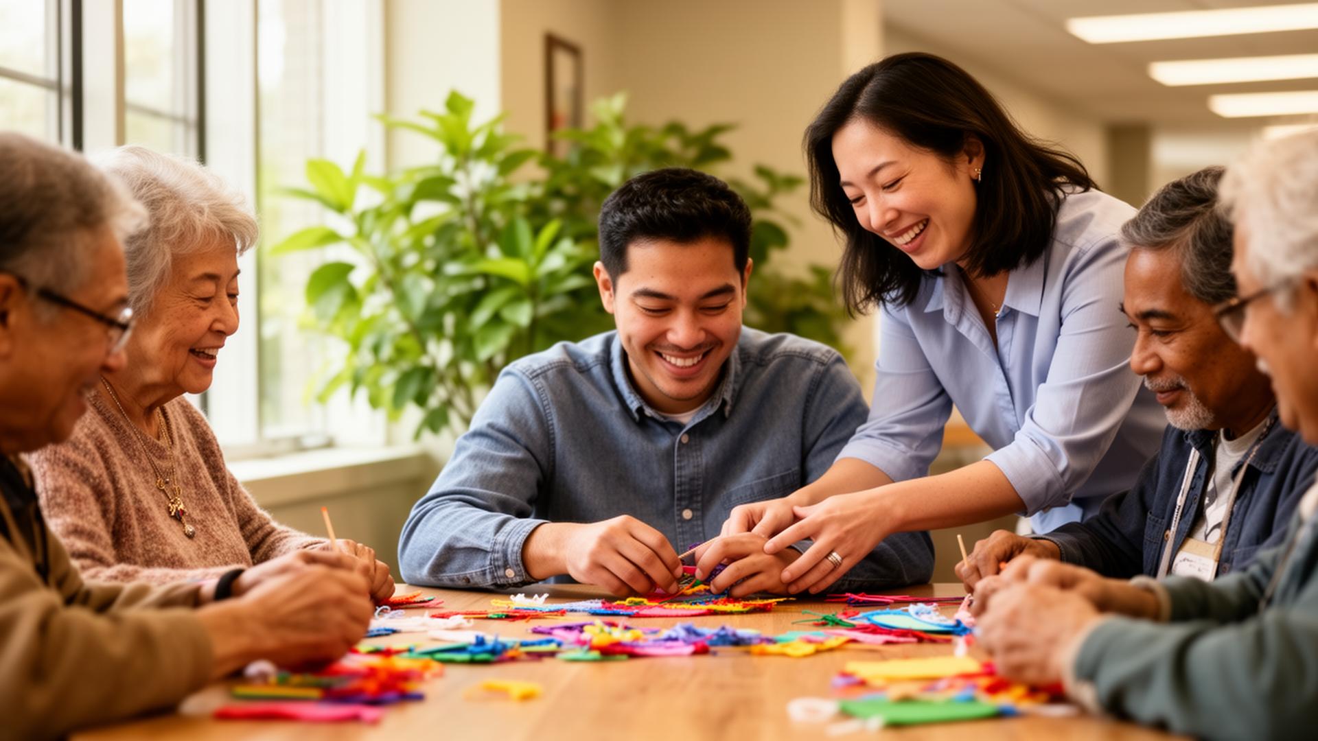Caregiver supporting an adult participant during a colorful arts and crafts activity at Gregory & Friends Adult Day Center in Dumfries, VA